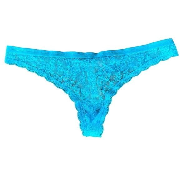 Victoria’s Secret Lace Thong Panty Small Teal Blue 100% Nylon VS Logo Waistband - Picture 1 of 4